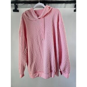 Pink Textured Cable Knit Oversized Hoodie Drawstring Sweatshirt Womens